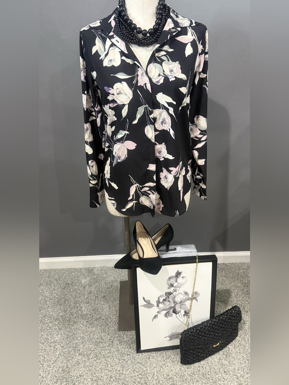 Ralph Lauren Black Floral Button-Down Blouse with Pink & Cream Roses